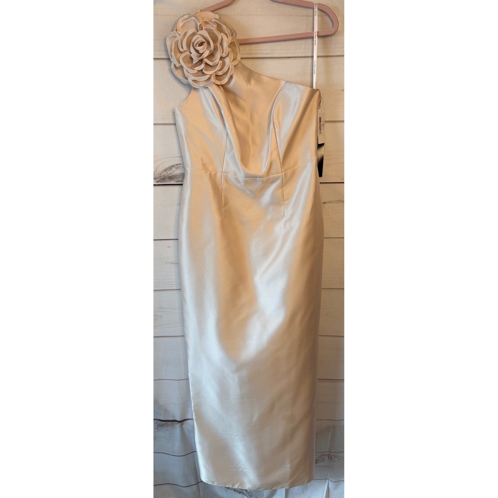 Alfred Sung D850 One Shoulder Rosette Satin Midi Dress Champagne Womens 12 NEW